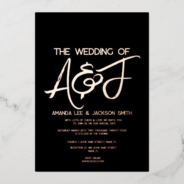 Invitation En Aluminium Mariage d'or noir et Rose moderne (Recto)