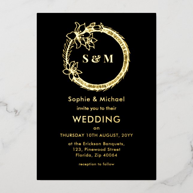 Invitation En Aluminium Mariage d'or noir Monogramme Wreath (Recto)