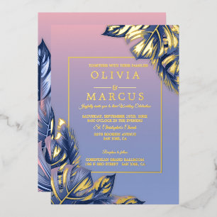 Invitation En Aluminium Mariage   Dusty Rose Dusty Blue Tropical Foliing