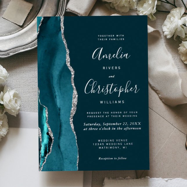 Invitation En Aluminium Mariage écriture Agate argent sarcelle foncé (Créateur téléchargé)