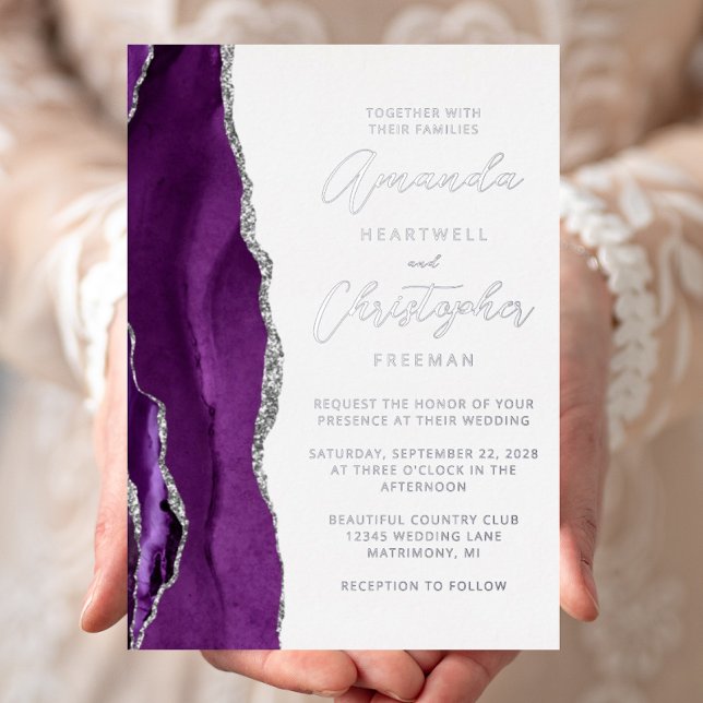 Invitation En Aluminium Mariage écriture argent violet Agate (Créateur téléchargé)