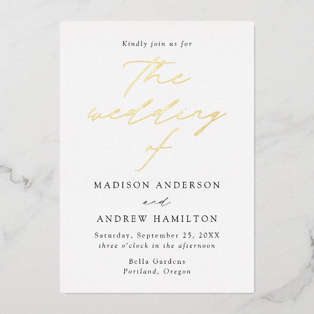 Invitation En Aluminium Mariage Élégance Moderne Blanc et Or (Recto)