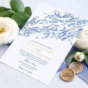 Invitation En Aluminium Mariage élégant à Portland Maine Bleu marine et Or