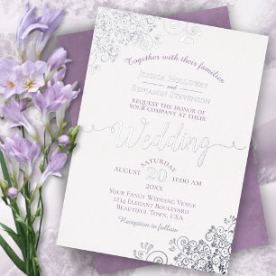 Invitation En Aluminium Mariage Élégant Argent et Lavande sur Fond Blanc