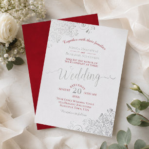 Invitation En Aluminium Mariage Élégant Argent et Rouge Cramoisi sur Fond