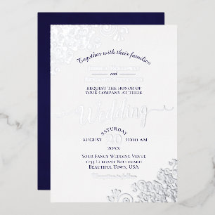 Invitation En Aluminium Mariage Élégant Argenté en Dentelle & Bleu Nuit su
