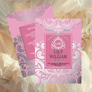 Invitation En Aluminium Mariage élégant Art déco diamant monogramme rose
