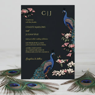 Invitation En Aluminium Mariage élégant au thème floral noir et paon