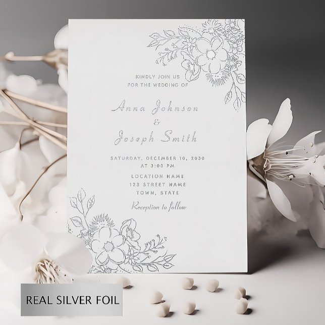 Invitation En Aluminium Mariage Élégant aux Fleurs Argentées (Créateur téléchargé)