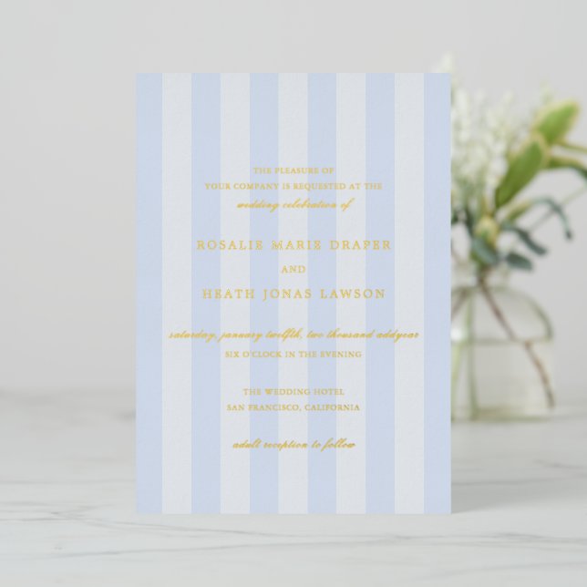 Invitation En Aluminium Mariage élégant aux rayures bleues modernes (Debout devant)