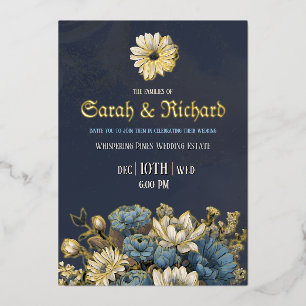 Invitation En Aluminium Mariage élégant avec fleurs et feuille d'or sur fo