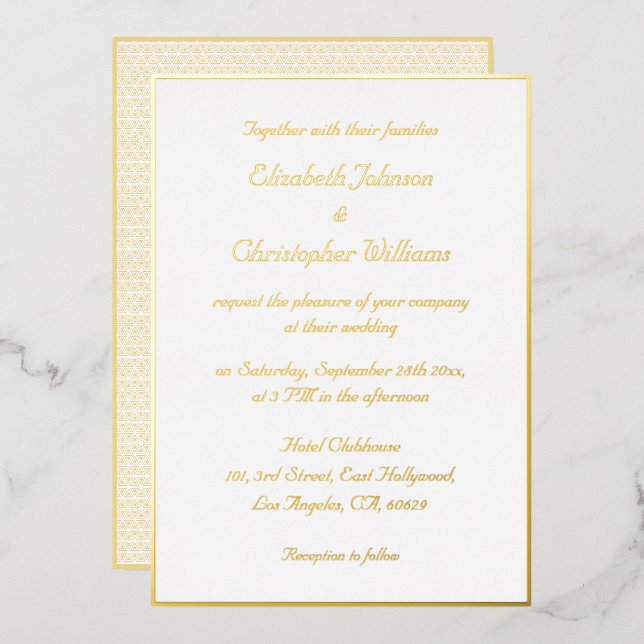 Invitation En Aluminium Mariage élégant blanc et or faux moderne personnal (Recto/Verso)