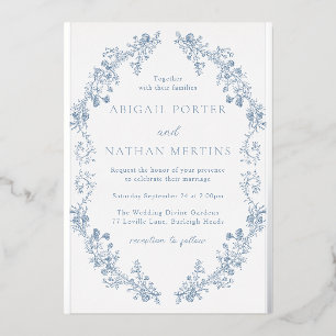 Invitation En Aluminium Mariage Élégant Bleu et Argent Vintage