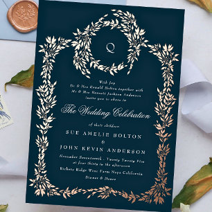Invitation En Aluminium Mariage Élégant Bleu Nuit Monogramme Crête Rose Or