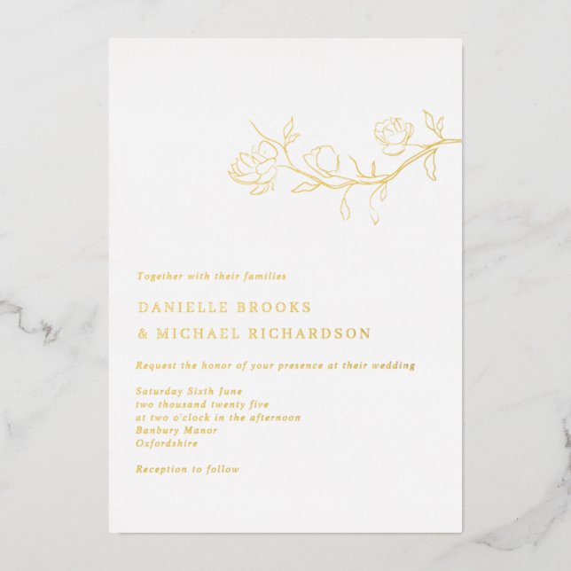 Invitation En Aluminium Mariage Élégant Branche de Jasmin Or (Recto)