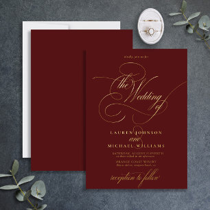 Invitation En Aluminium Mariage élégant calligraphié en Bourgogne Or