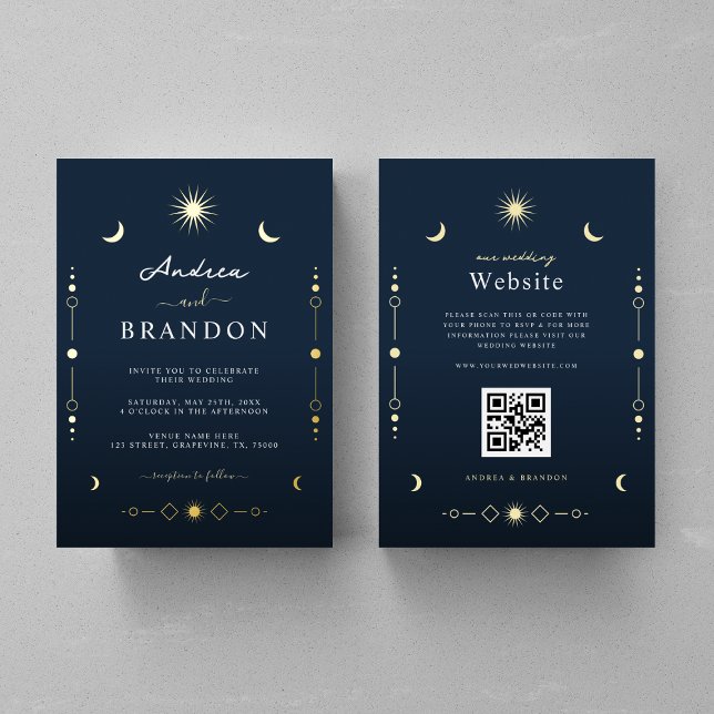 Invitation En Aluminium Mariage élégant céleste or lune & soleil QR Code (Créateur téléchargé)