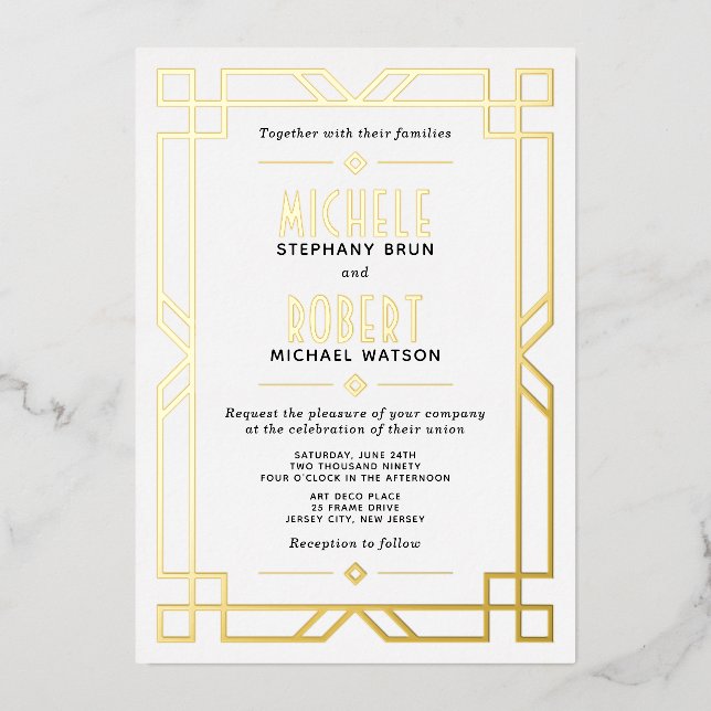 Invitation En Aluminium Mariage Élégant Classe Moderne Art Déco Or (Recto)