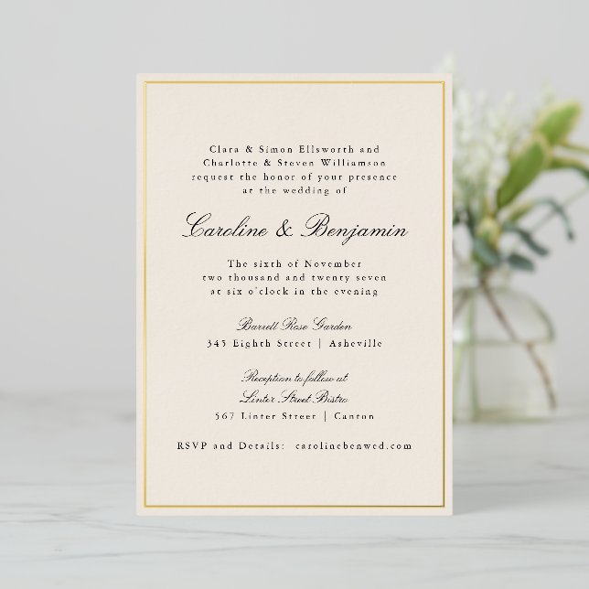 Invitation En Aluminium Mariage Élégant Classique Or Formal Bordure Ivoire (Debout devant)