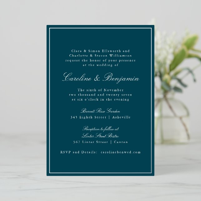 Invitation En Aluminium Mariage Élégant Classique Turquoise Bordure Argent (Debout devant)