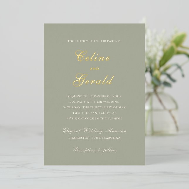Invitation En Aluminium Mariage élégant classique vert émoussé (Debout devant)