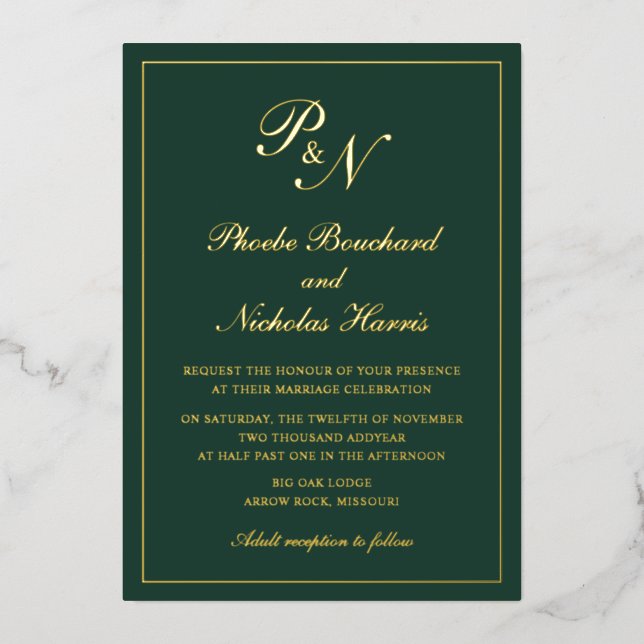 Invitation En Aluminium Mariage Élégant Classique Vert Forêt (Recto)