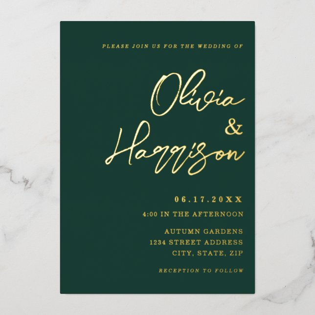 Invitation En Aluminium Mariage élégant écriture vert émeraude (Recto)