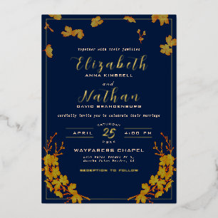 Invitation En Aluminium Mariage élégant et classe avec fleurs dorées et bl