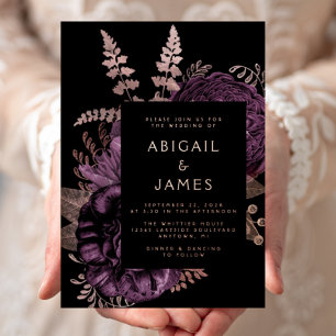 Invitation En Aluminium Mariage élégant et sombre avec fleurs violettes et