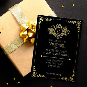 Invitation En Aluminium Mariage élégant et sophistiqué Art Déco noir or