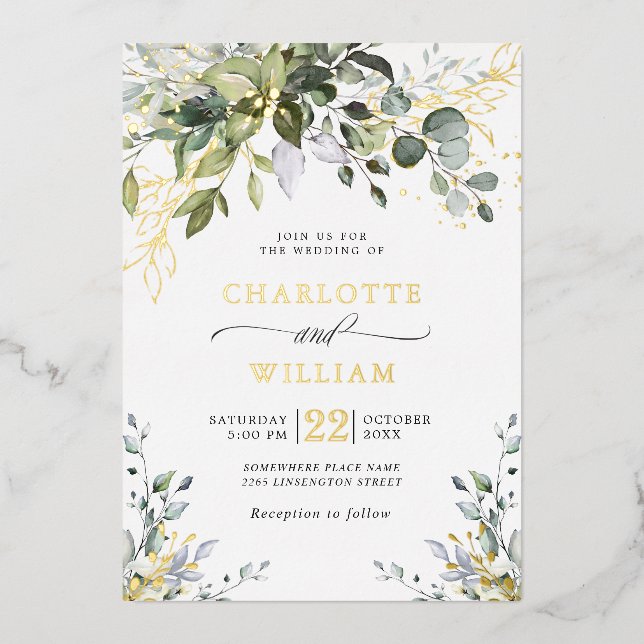 Invitation En Aluminium Mariage Élégant Eucalyptus Vertdoré Or (Recto)