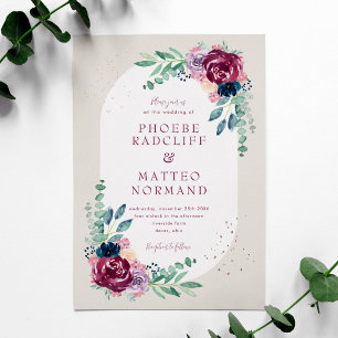 Invitation En Aluminium Mariage Élégant Fleurs Aquarelle Navy Bourgogne