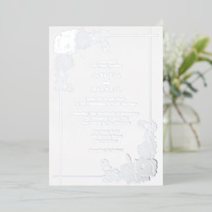 Invitation En Aluminium Mariage Élégant Fleurs Blanches et Or Argenté