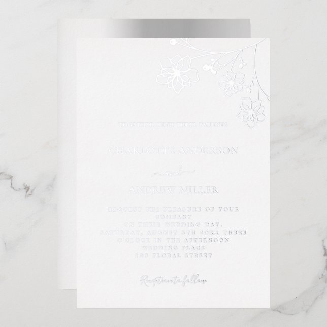 Invitation En Aluminium Mariage élégant floral argent blanc (Recto/Verso)