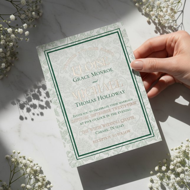 Invitation En Aluminium Mariage élégant floral Toile Monogramme vert écrit (Formally invite guests to your big day with this Elegant Floral Toile Script Monogram Green Invite!)