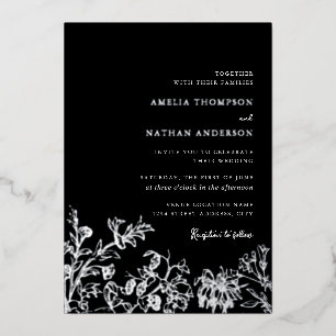 Invitation En Aluminium Mariage Élégant Floral Vintage Noir Argenté