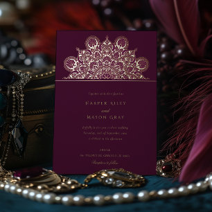 Invitation En Aluminium Mariage élégant mandala feuille d'or bordeaux