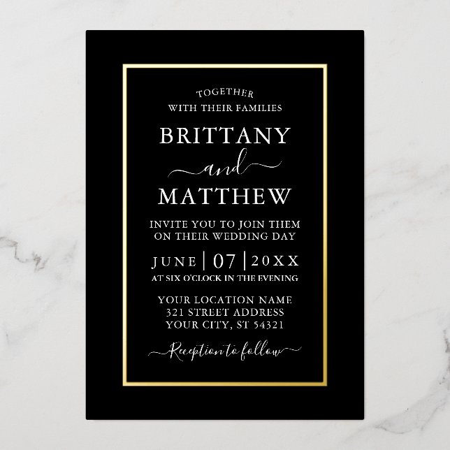 Invitation En Aluminium Mariage élégant moderne Black White Gold Foil (Recto)