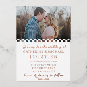 Invitation En Aluminium Mariage élégant moderne blanc dentelle photo