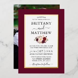 Invitation En Aluminium Mariage Élégant Moderne Bourguignon Floral Photo O
