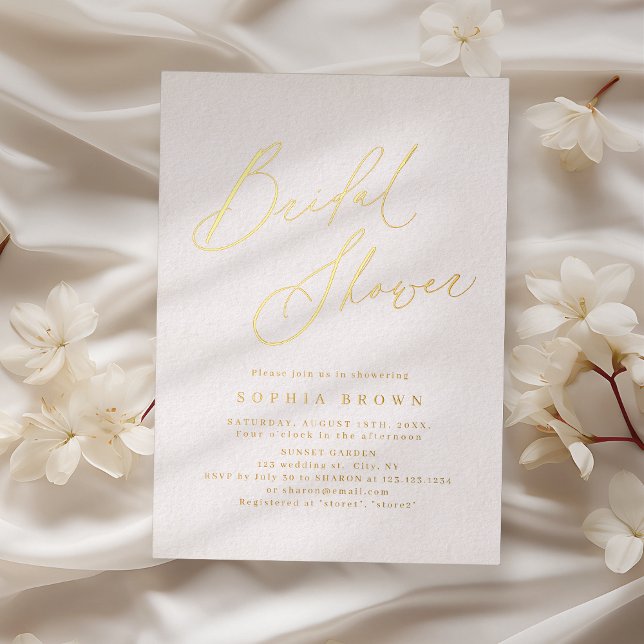 Invitation En Aluminium Mariage élégant moderne écriture minimale douche d (Gold elegant modern script minimal bridal shower foil invitation)