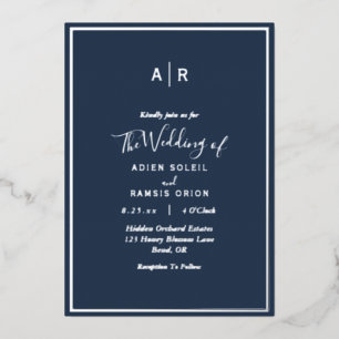 Invitation En Aluminium Mariage élégant moderne navy monogramme argent
