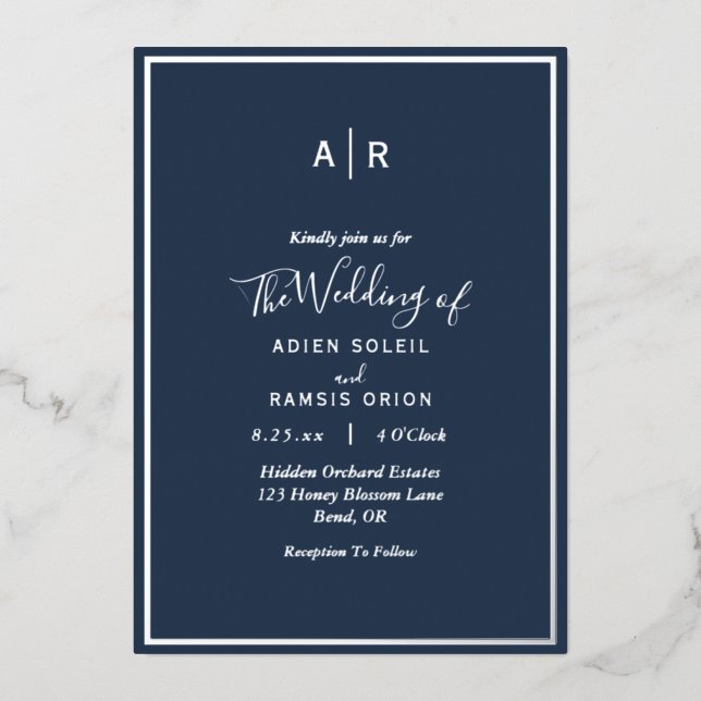 Invitation En Aluminium Mariage élégant moderne navy monogramme argent (Recto)