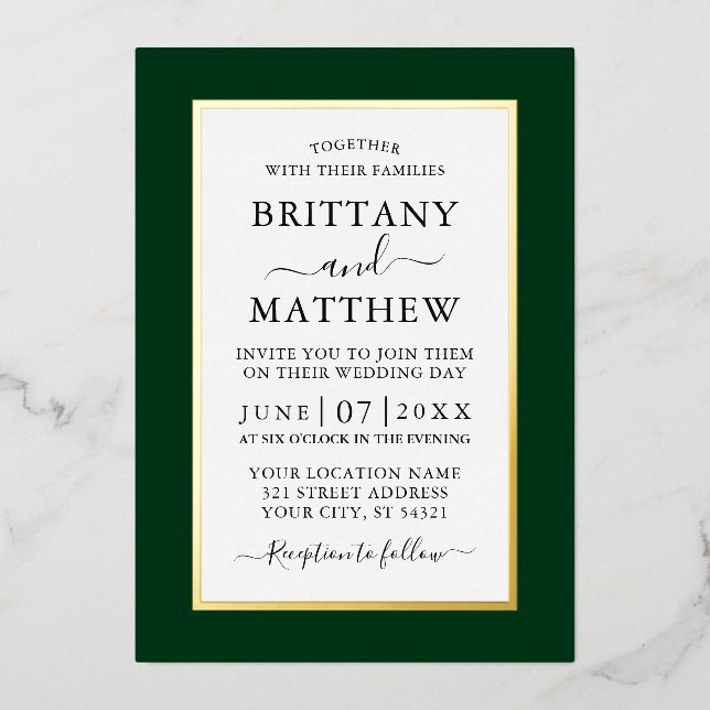 Invitation En Aluminium Mariage Élégant Moderne Vert Or (Recto)