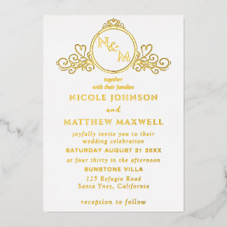 Invitation En Aluminium Mariage élégant monogramme d'amour en feuille d'or
