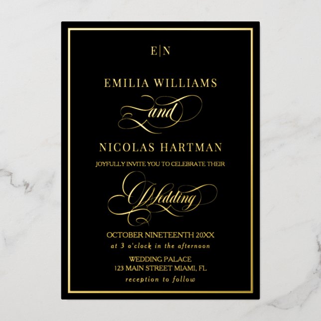 Invitation En Aluminium Mariage Élégant Monogramme Noir & Or (Recto)