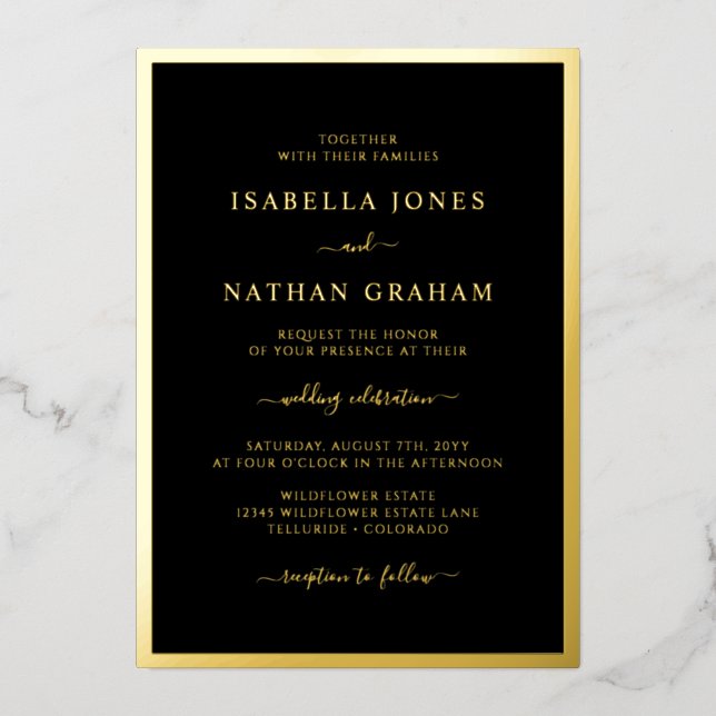 Invitation En Aluminium Mariage élégant noir or (Recto)