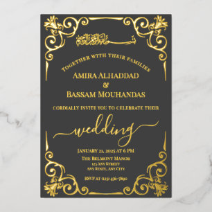 Invitation En Aluminium Mariage élégant or et gris foncé 
