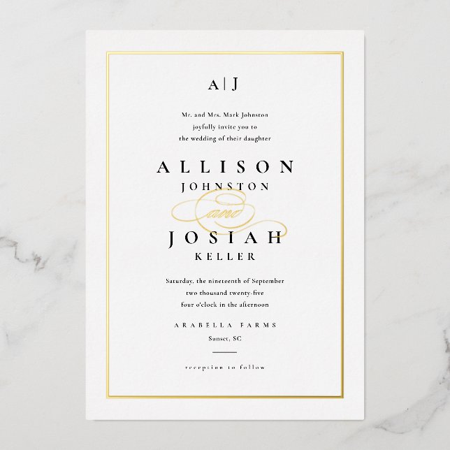 Invitation En Aluminium Mariage Élégant Or Script Classique Blanc (Recto)