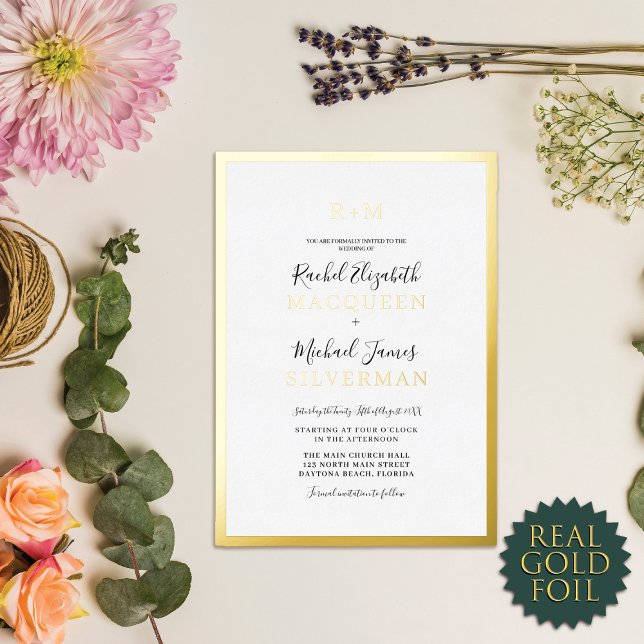 Invitation En Aluminium Mariage élégant or véritable bordure épaisse blanc (Créateur téléchargé)